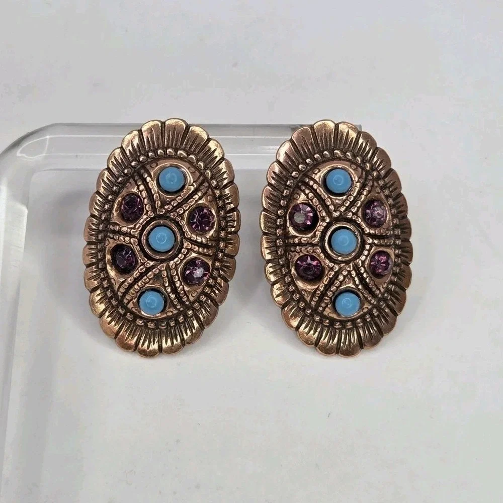 Southwestern Style Copper Turquoise‎ Amethyst Oval Stud Earrings 1